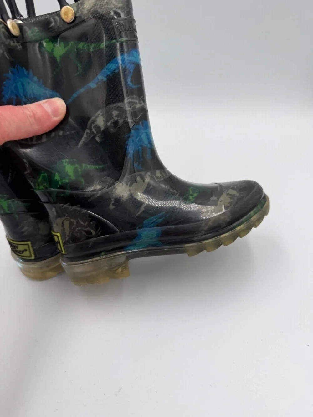 Western Chief Toddler Boy 8 Black Rain Boots Blue & Green Dinosaurs Handles
